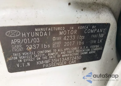 2003 Hyundai Sonata Gls/Lx z USA, uszkodzony, nr VIN KMHWF35H13A872450